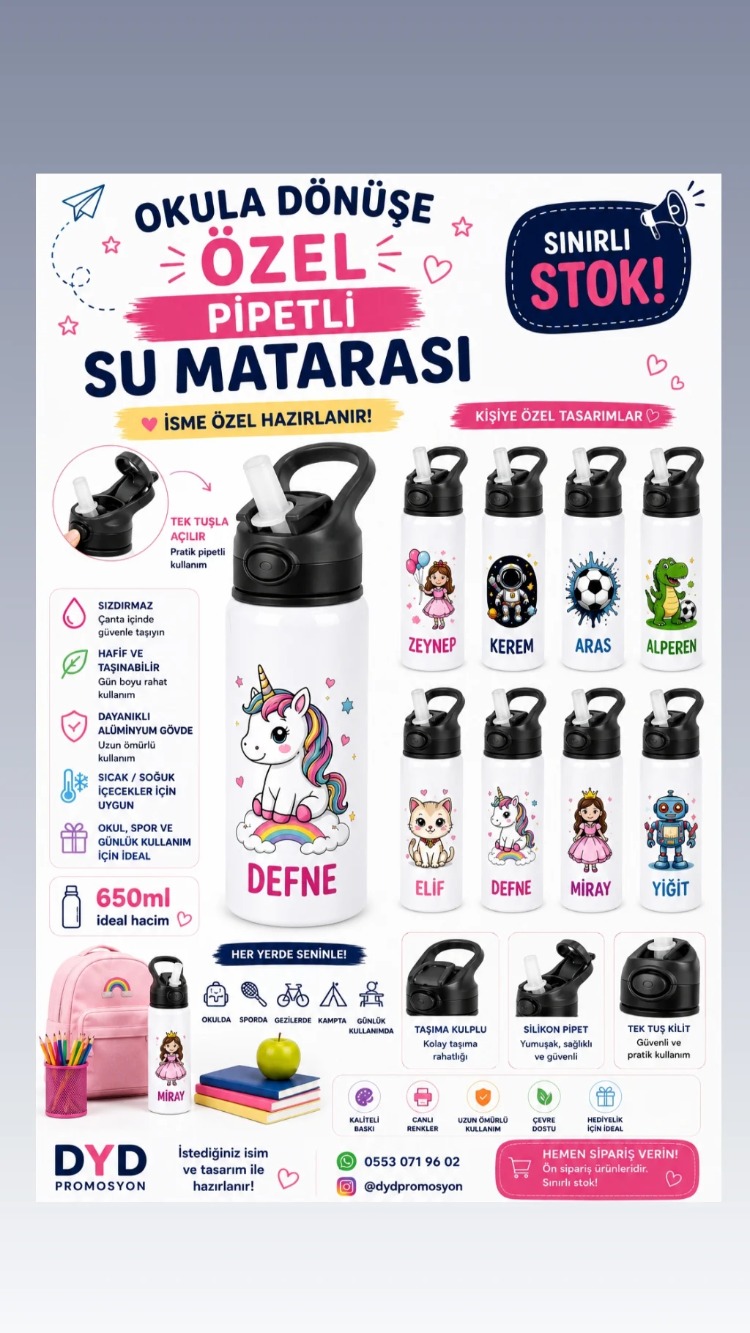 Kişiye Özel Pipetli Çocuk Su Matarası 650 ml