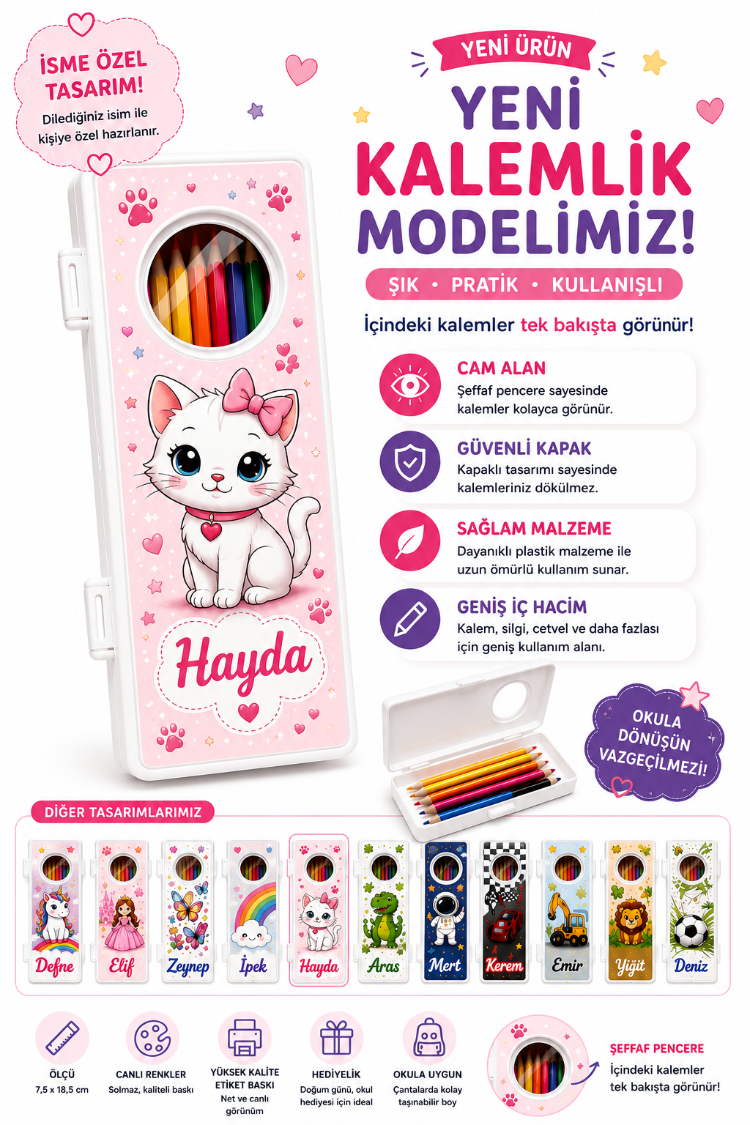 Kisiye Ozel Kedi Temali kalemlik