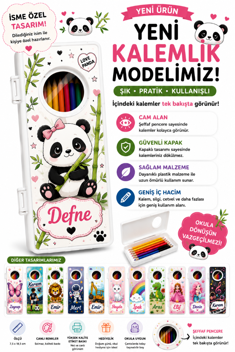 Kisiye ozel Isimli panda temali kalemlik
