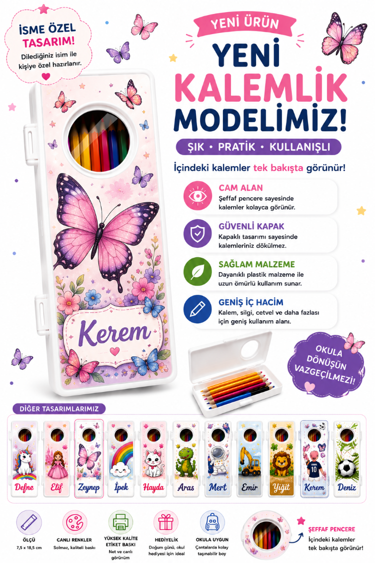 Kisiye Ozel kelebek temali kalemlik