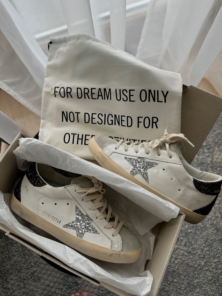 Golden Goose Super-Star with silver star and black glitter heel tab