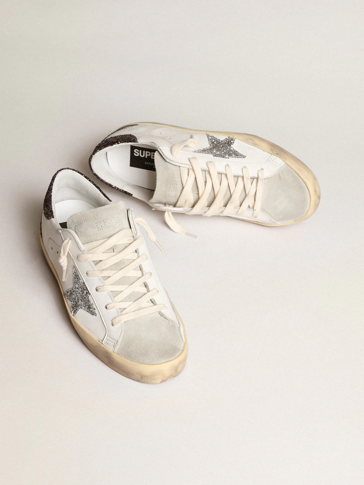 Golden Goose Super-Star with silver star and black glitter heel tab