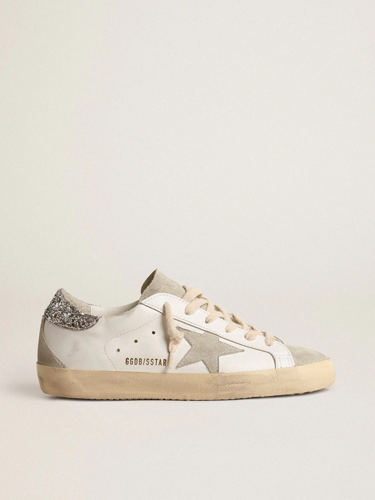 Golden Goose Super-Star with gray star and silver glitter heel tab