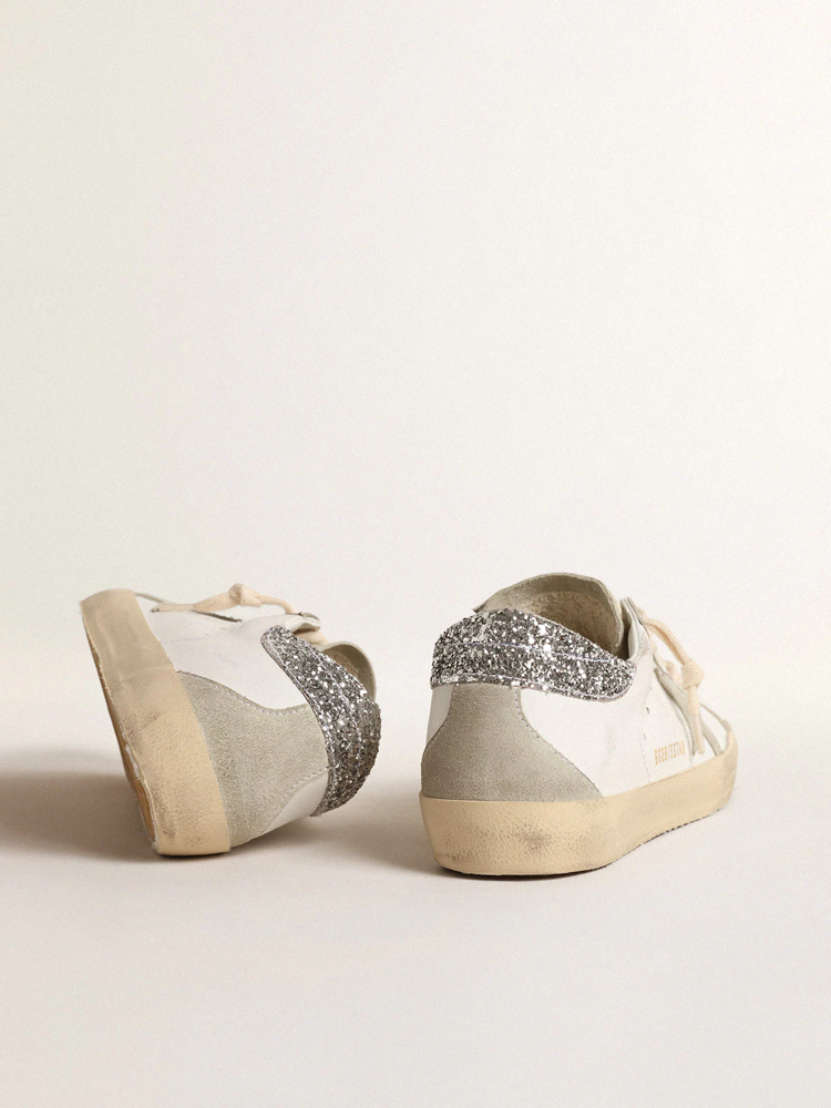 Golden Goose Super-Star with gray star and silver glitter heel tab