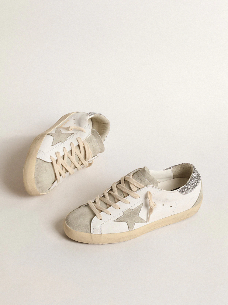 Golden Goose Super-Star with gray star and silver glitter heel tab