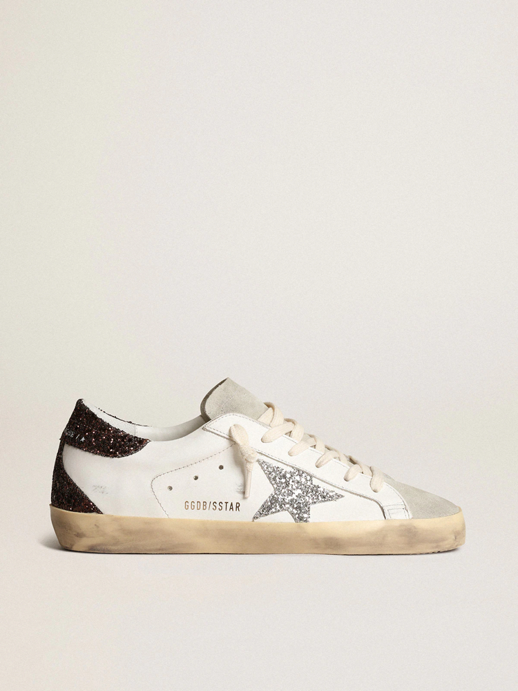 Golden Goose Super-Star with silver star and black glitter heel tab