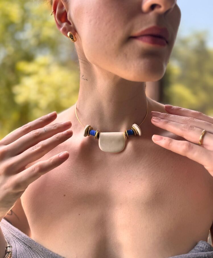 Porselen Mavi cam taşlı Choker Kolye