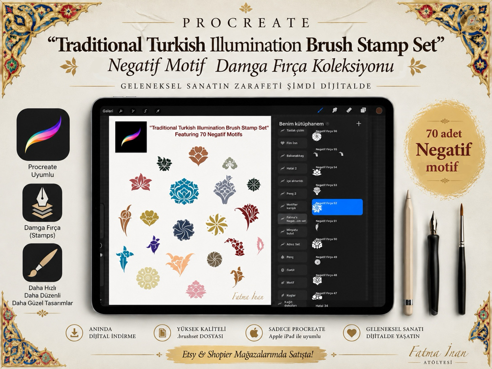 70 adet Procreate Tezhip damga Fırça Seti Geleneksel Çift Tahrir negatif motifler 