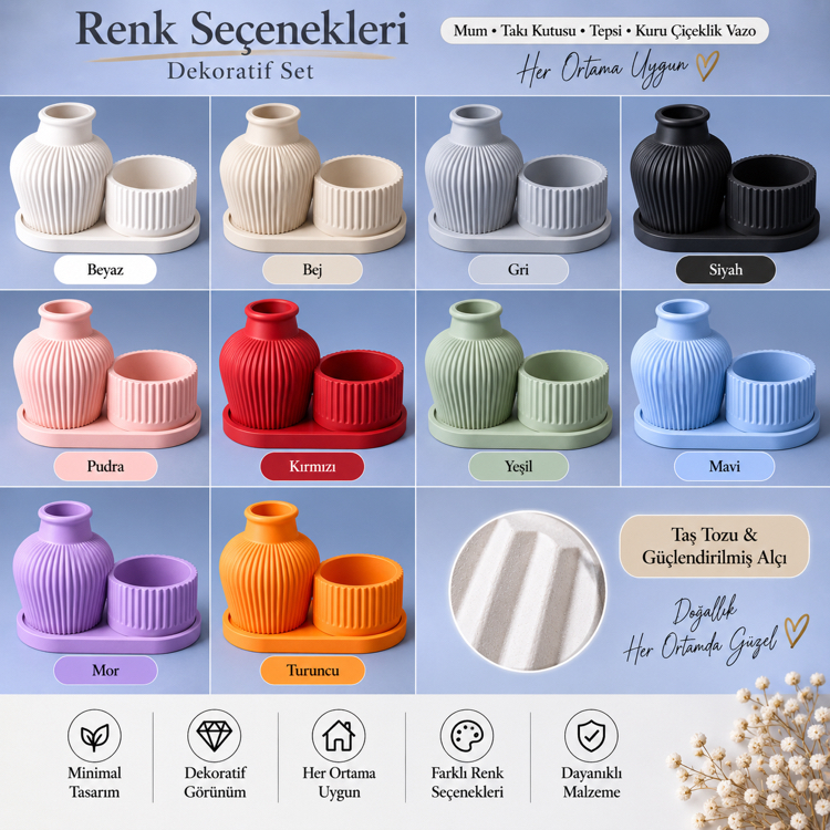 El Yapımı Dekoratif Set – Mum, Takı Kutusu, Tepsi & Kuru Çiçeklik Vazo