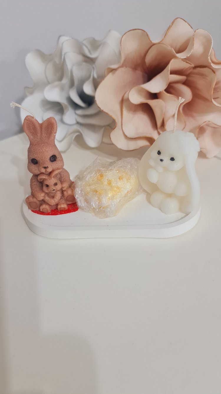 2 li tavşan mum+alçı tabak+alçı kalp