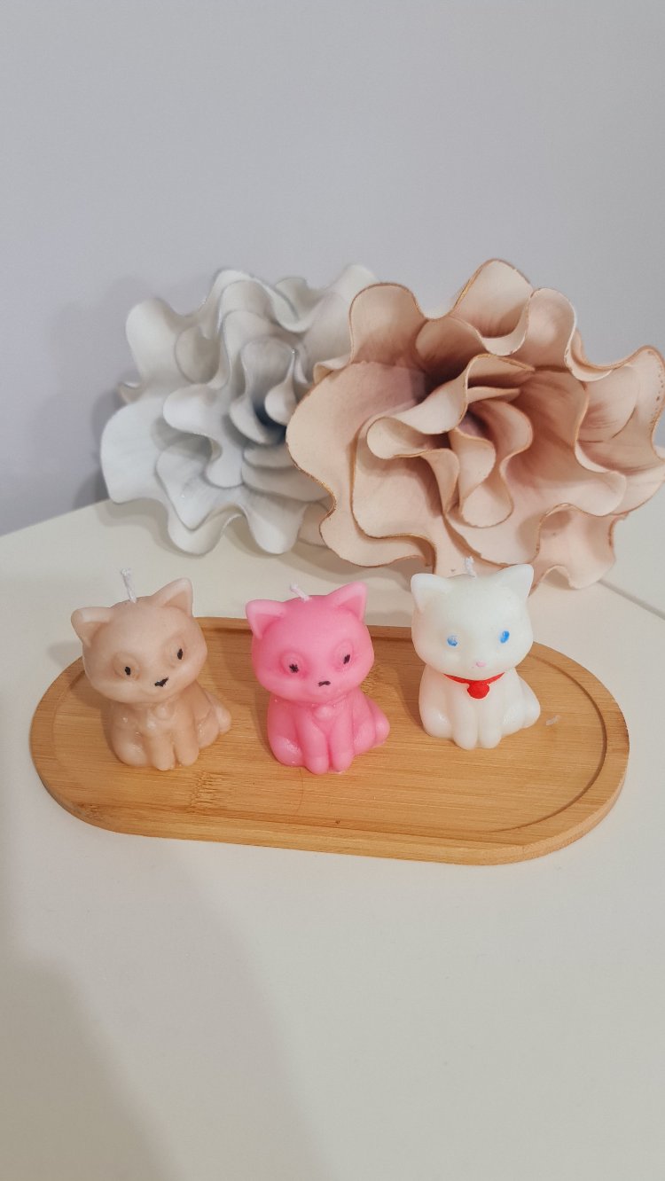 3 lü ahşap tabaklı,kedi konseptli kokulu mum