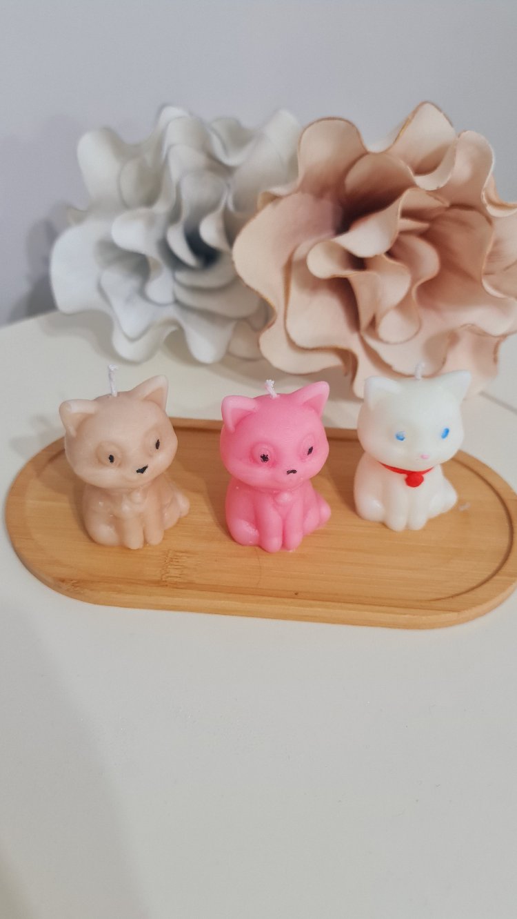 3 lü ahşap tabaklı,kedi konseptli kokulu mum