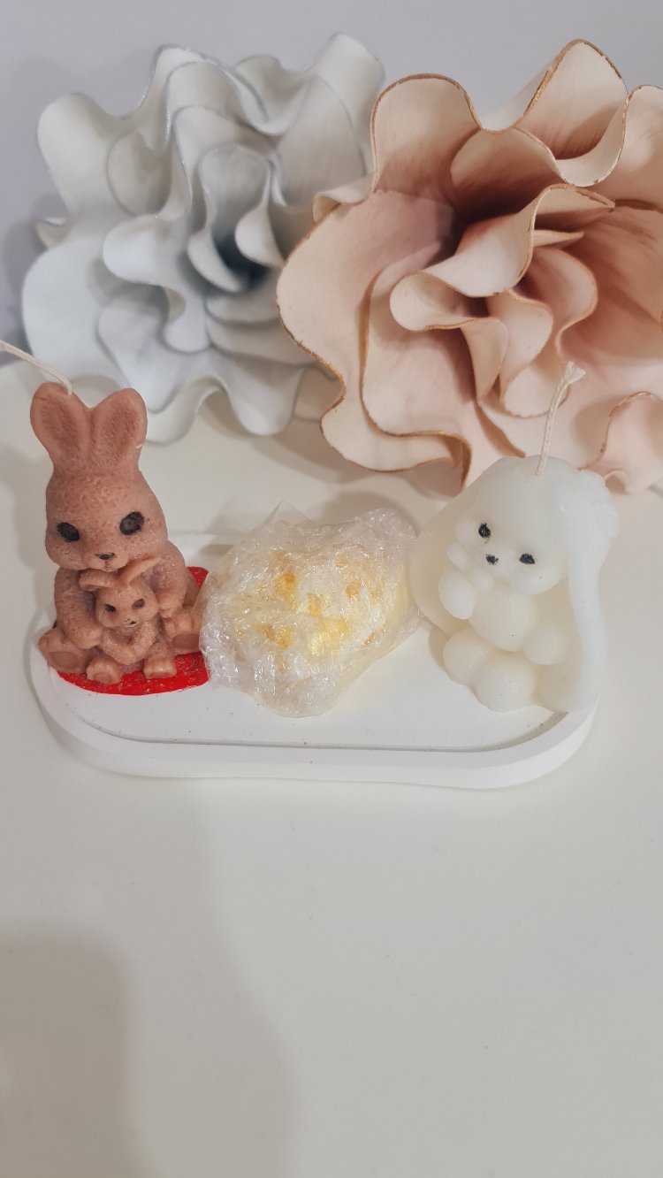 2 li tavşan mum+alçı tabak+alçı kalp