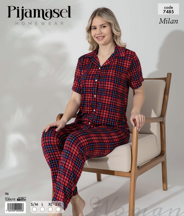 Kareli Pijama Takımı Düğmeli 