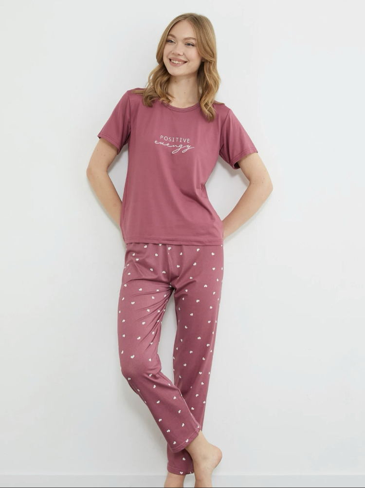 Gül Rengi Kalpli Pijama Takımı