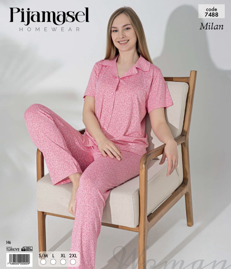 Pembe Leopar Pijama Takımı Düğmeli 