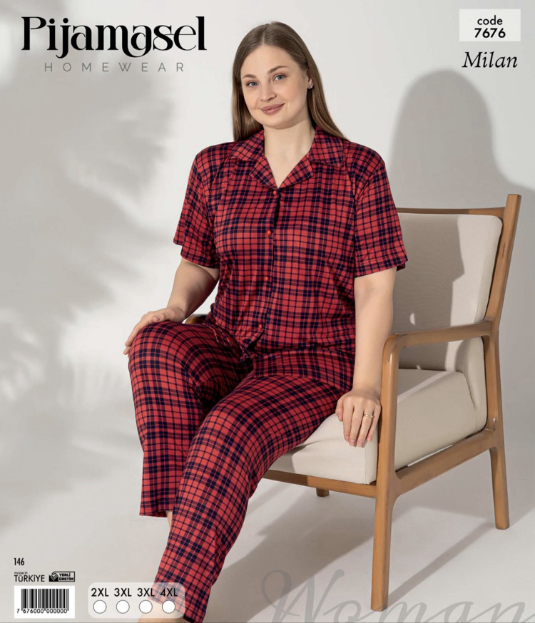 Büyük Beden Kareli Pijama Takımı Düğmeli