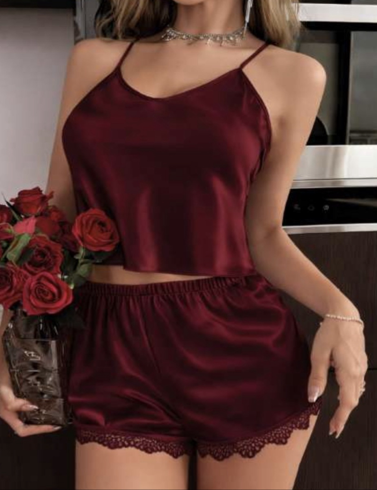 Saten Şortlu Takım Bordo