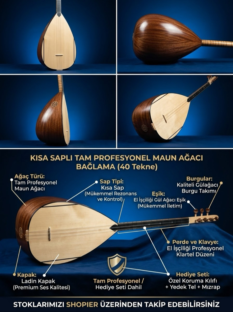 Uzun Saplı Tam Profesyonel Maun Ağacı Bağlama (40 Tekne) - Ladin Kapaklı