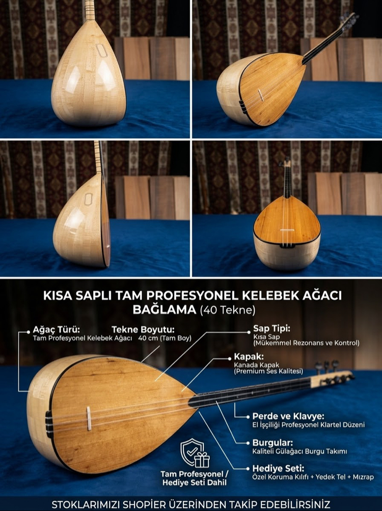 Tam Profesyonel Kısa Sap Kelebek Ağacı Bağlama (40 Tekne) - Kanada Kapaklı