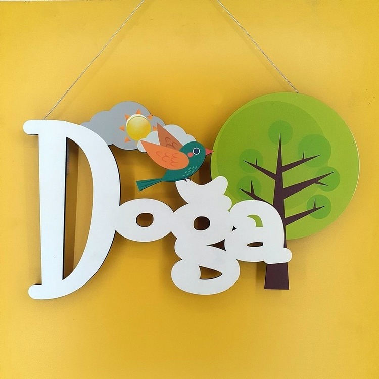 Ağaç Kuş ve Bulut Figürlü Doğa Temalı  Işıklı Kapı Süsü / Duvar Panosu İsme Özel