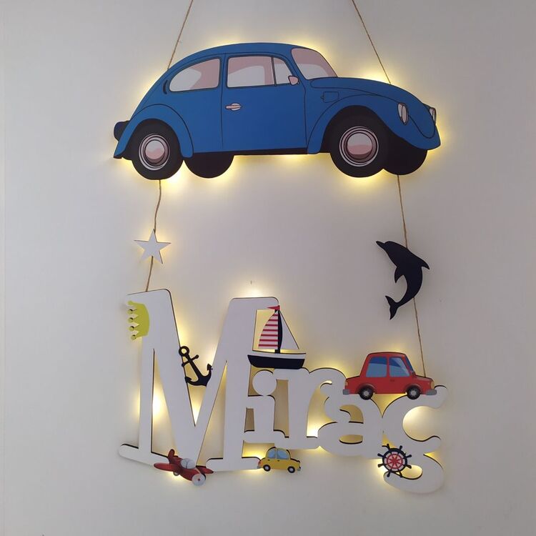 Arabalı İsme Özel Işıklı Kapı / Duvar Süsü