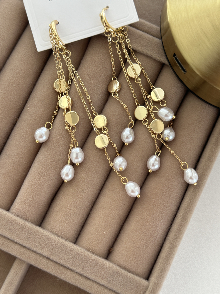 Vip 14K İnci Detaylı Sallantılı Pullu Küpe