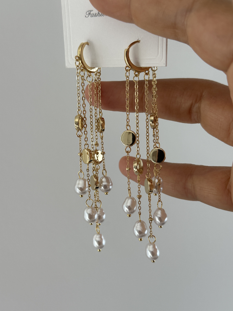 Vip 14K İnci Detaylı Sallantılı Pullu Küpe