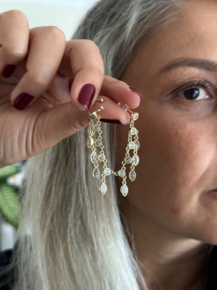 Vip 14 K Altın Kaplama Damla Taşlı Zincir Detaylı Kıkırdak Küpe