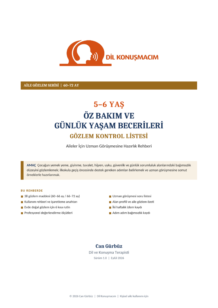 5–6 Yaş Öz Bakım ve Günlük Yaşam Becerileri Gözlem Kontrol Listesi | Aile Rehberi