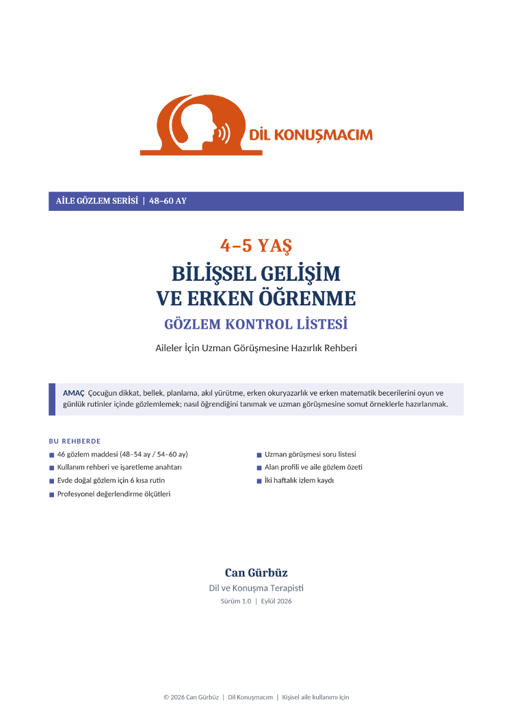 4–5 Yaş Bilişsel Gelişim ve Erken Öğrenme Gözlem Kontrol Listesi | Aile Rehberi