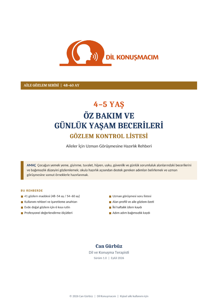 4–5 Yaş Öz Bakım ve Günlük Yaşam Becerileri Gözlem Kontrol Listesi | Aile Rehberi