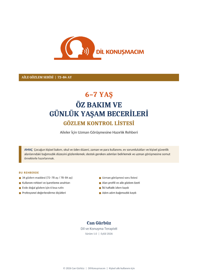 6–7 Yaş Öz Bakım ve Günlük Yaşam Becerileri Gözlem Kontrol Listesi | Aile Rehberi