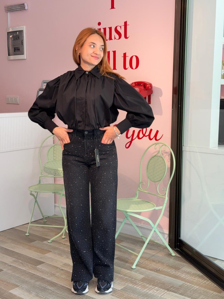 WE COSS DÜĞME DETAYLI BALON MODEL CROP SİYAH GÖMLEK