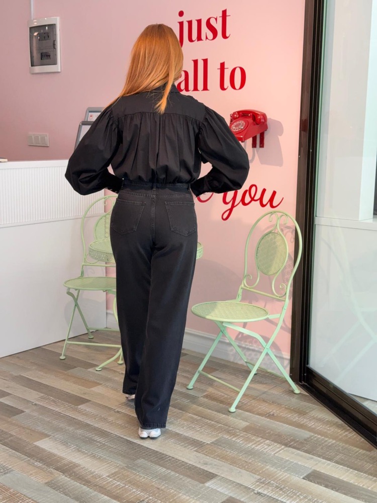 WE COSS DÜĞME DETAYLI BALON MODEL CROP SİYAH GÖMLEK