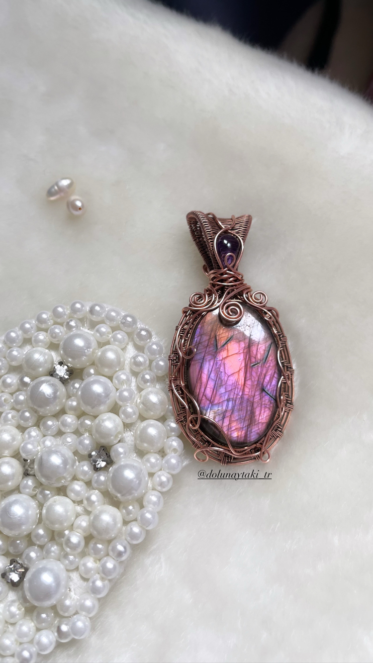 Pembe Mor Rainbow Labradorit Vintage Bakır Kolye 