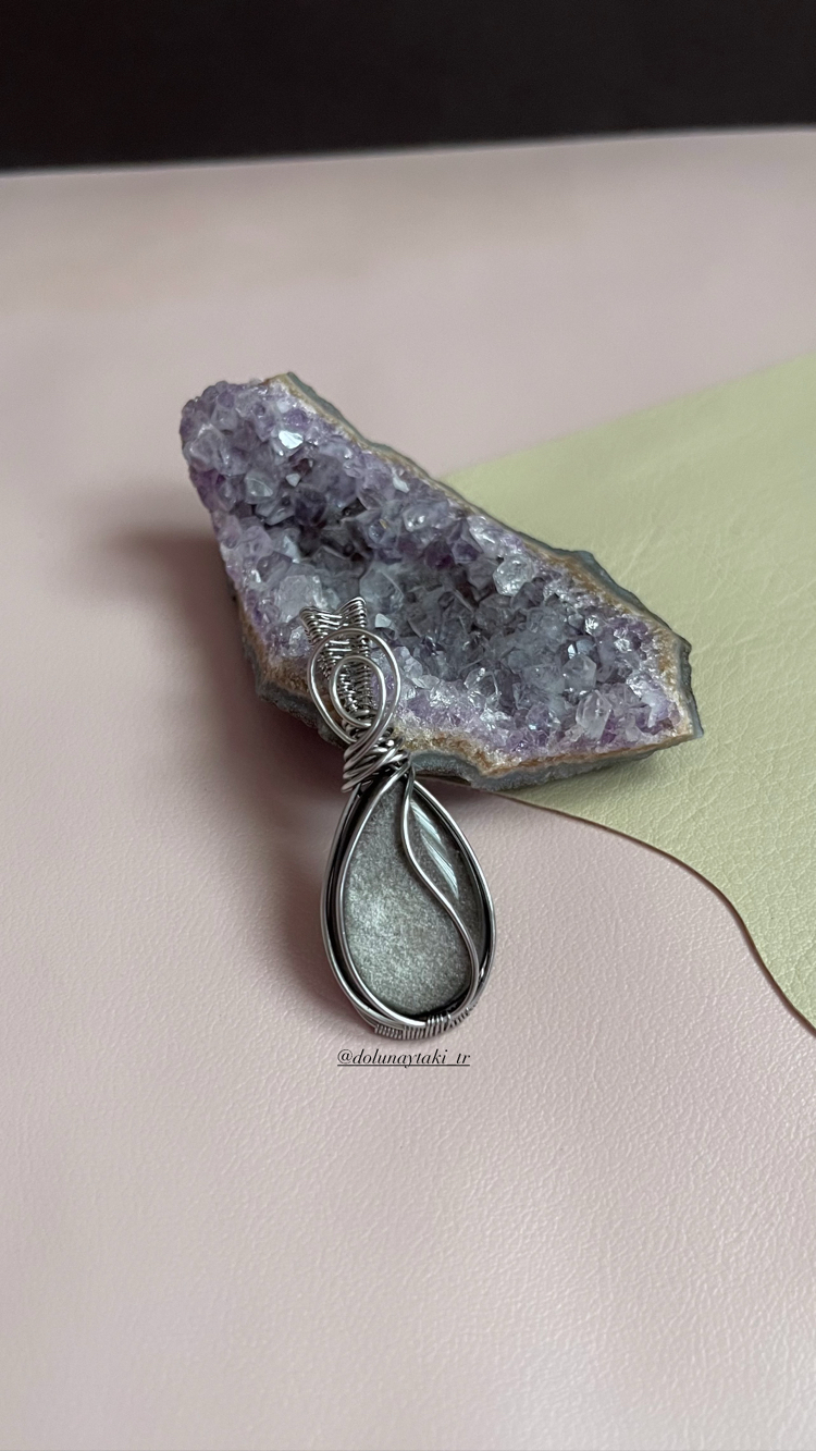Silver Obsidyen Minimal Çelik Kolye