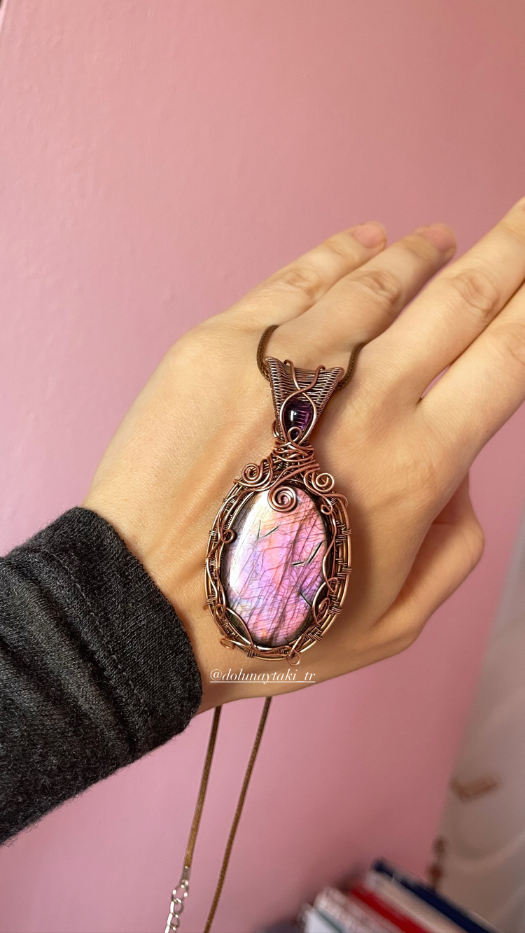 Pembe Mor Rainbow Labradorit Vintage Bakır Kolye 