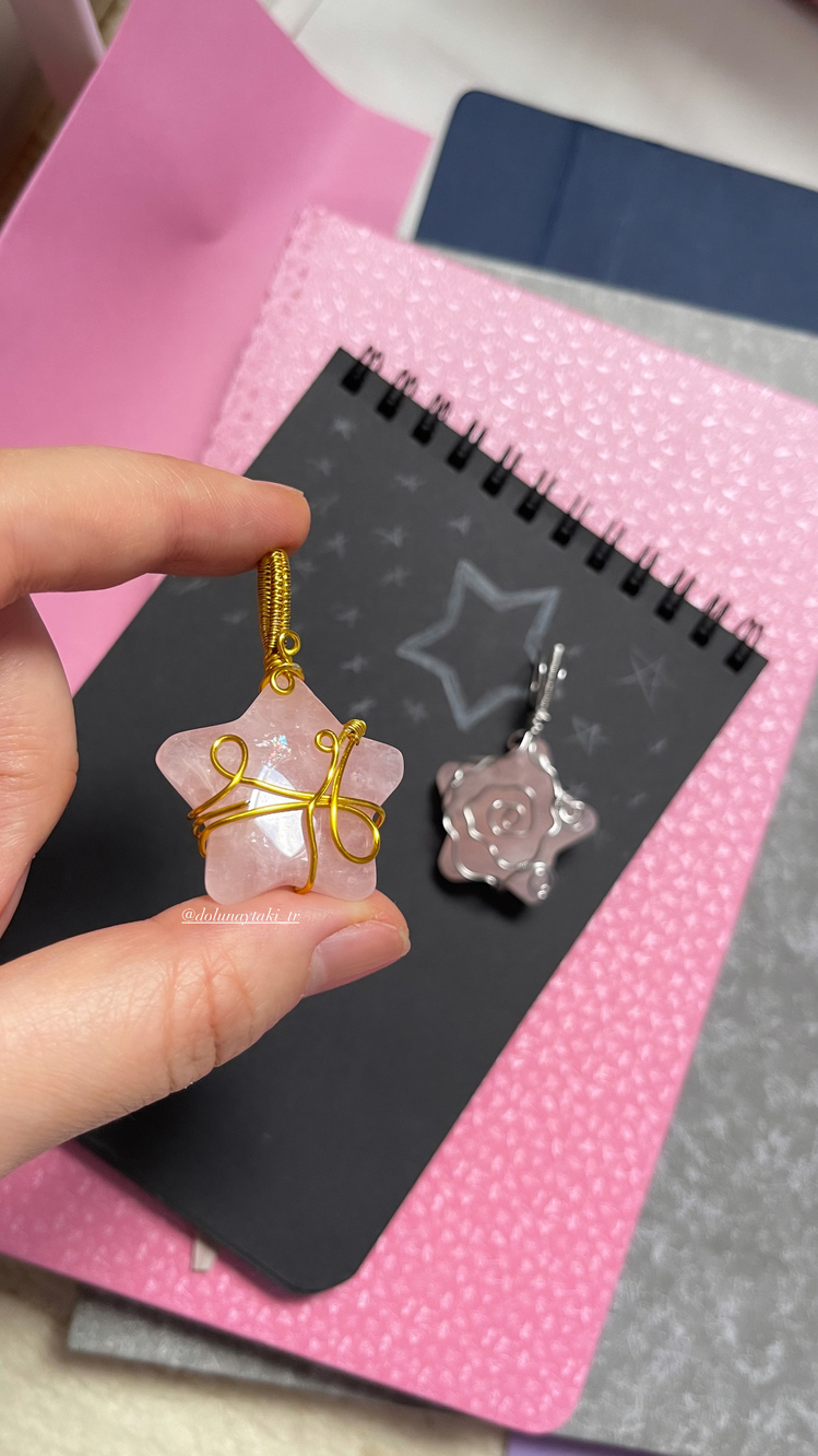Rose &Pembe kuvars yıldız kolye
