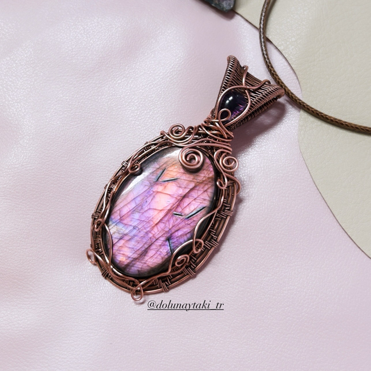 Pembe Mor Rainbow Labradorit Vintage Bakır Kolye 
