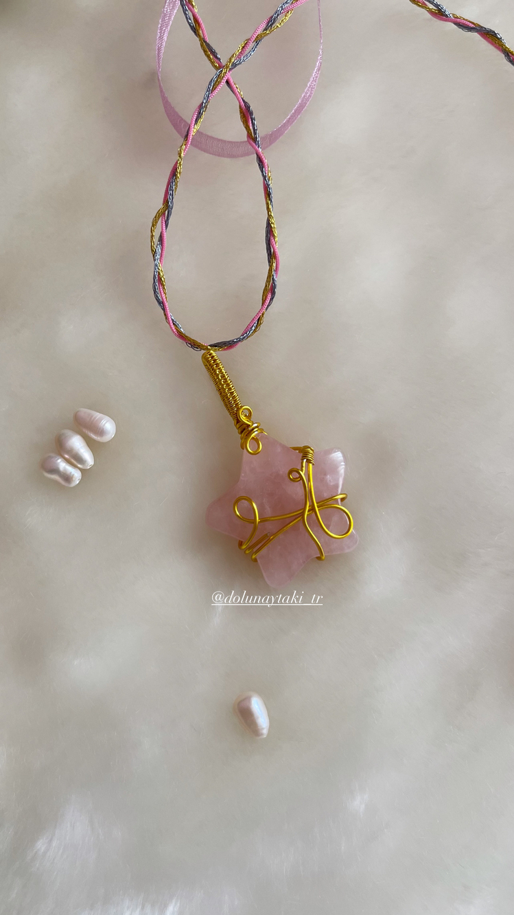 Rose &Pembe kuvars yıldız kolye