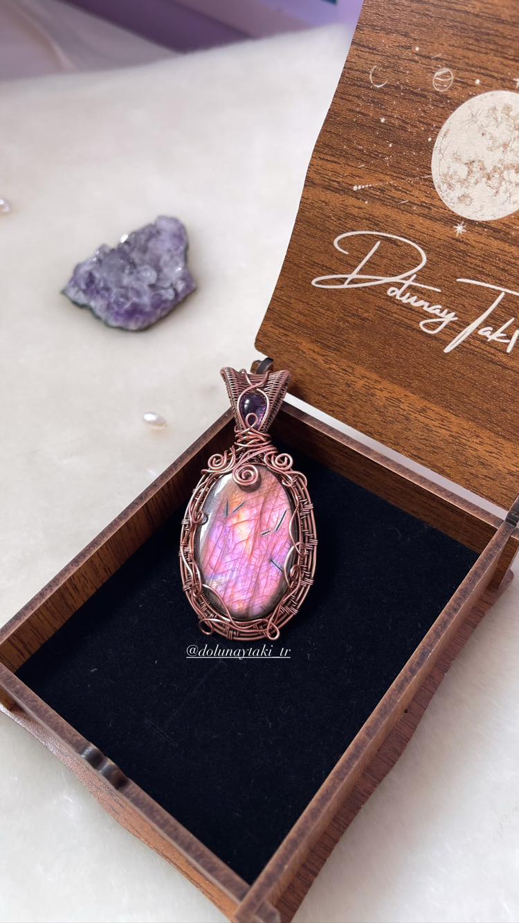 Pembe Mor Rainbow Labradorit Vintage Bakır Kolye 