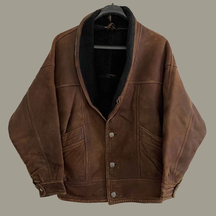 vintage orj nubuk deri kürklü unisex mont