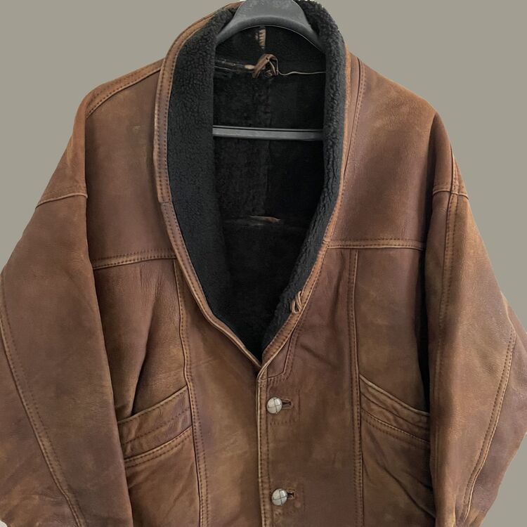 vintage orj nubuk deri kürklü unisex mont