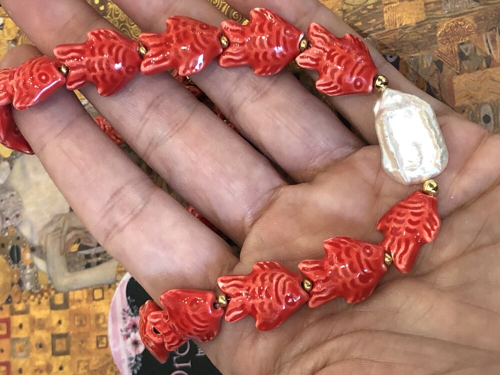 Mercan Kırmızı Seramik Barok İncili Kolye