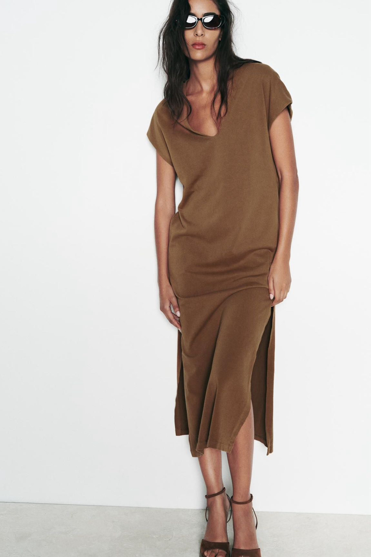 Zara Kahverengi Midi Elbise