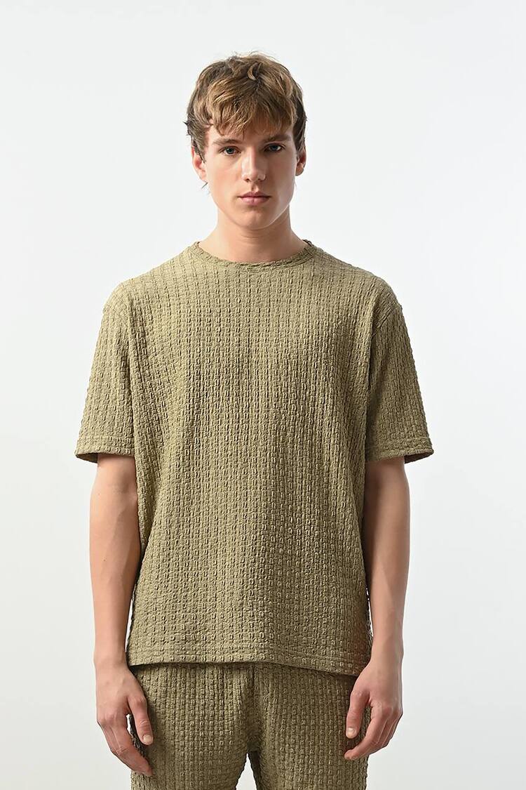 Marrakech Bisiklet Yaka Desenli Tshirt Haki