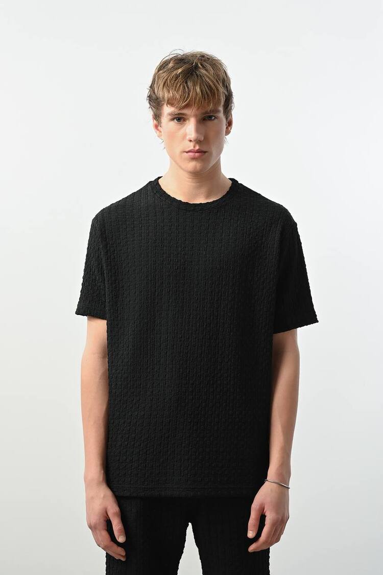 Marrakech Bisiklet Yaka Desenli Tshirt Siyah