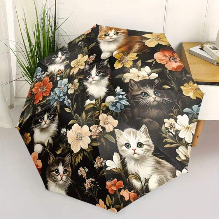 NG5283803 Renkli Kadınlar/Erkekler için Otomatik Açma/Kapama Şemsiye, Çiçek & Kedi Tasarımı
