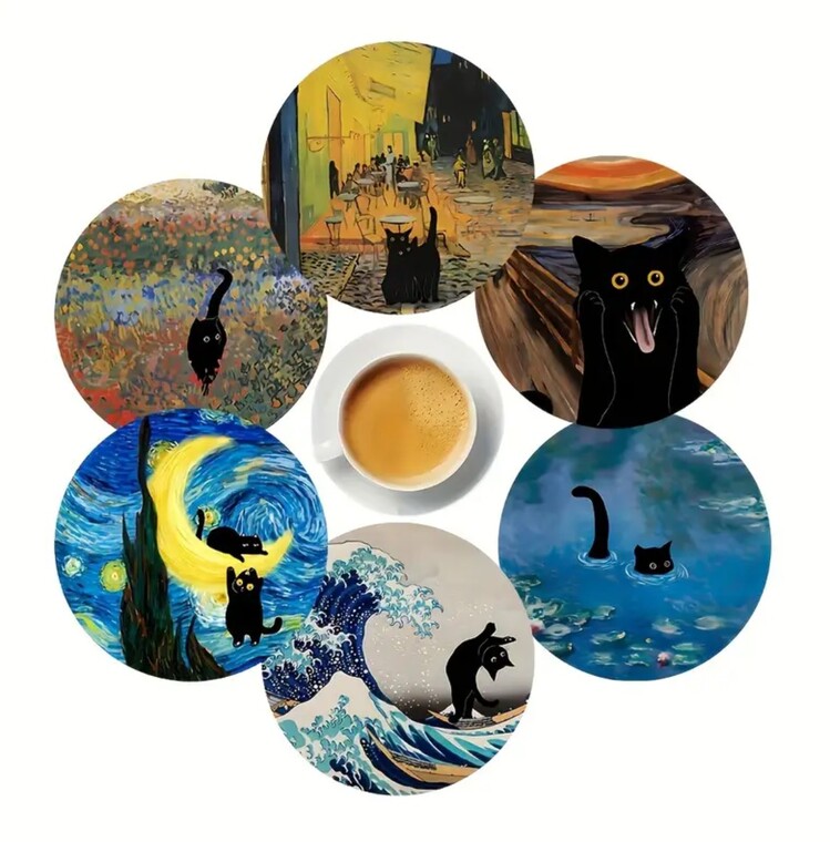AMB3604862 10.01*10.01 cm boyutunda 5 adet Şirin Siyah Kedi ve Ünlü Tablolar Ahşap Tabak Seti
